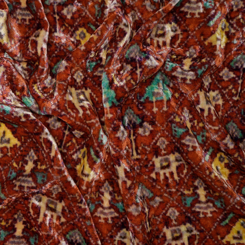 (Pre-Cut 4.10 Mtr) Red Color Digital Printed Velvet Silk Fabric