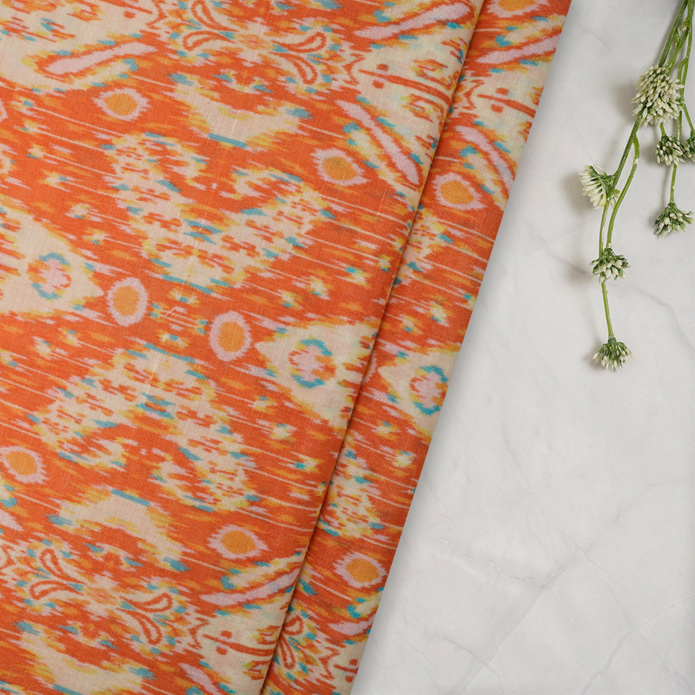 (Pre-Cut 4.30 Mtr) Orange Color Digital Printed Tussar Chanderi Fabric