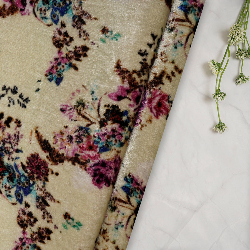 (Pre-Cut 1.10 Mtr) Cream Color Digital Printed Velvet Silk Fabric