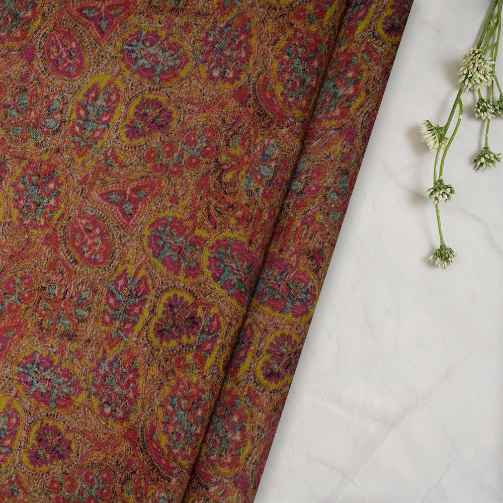 (Pre-Cut 2.55 Mtr) Multi Color Digital Print Georgette Muga Fabric