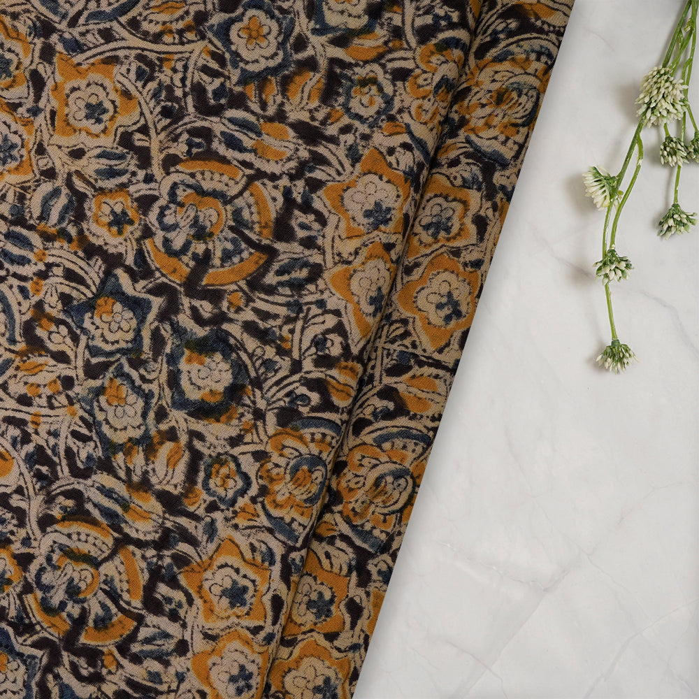 (Pre-Cut 3.20 Mtr) Black-Navy Color Handcrafted Kalamkari Printed Pure Cotton Fabric