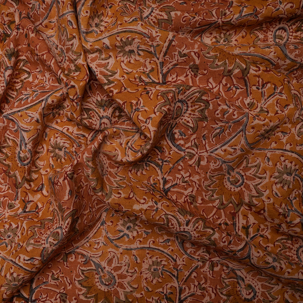 (Pre-Cut 2.45 Mtr) Mustard Color Handcrafted Kalamkari Printed Pure Cotton Fabric
