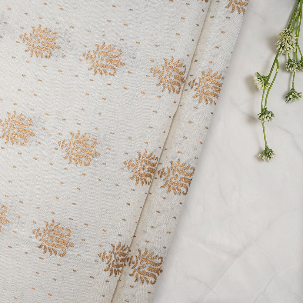 (Pre-Cut 1.95 Mtr) Off White Color Foil Printed Pure Chanderi Fabric