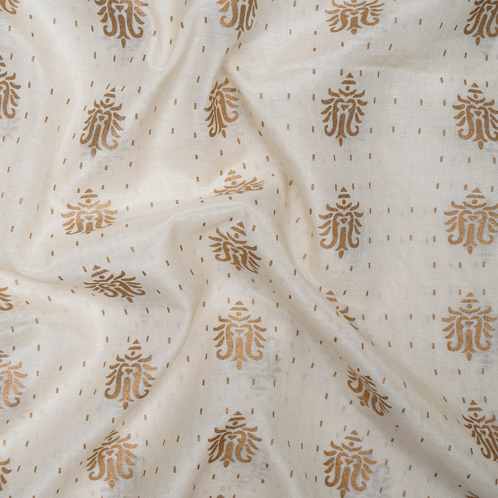 (Pre-Cut 1.95 Mtr) Off White Color Foil Printed Pure Chanderi Fabric