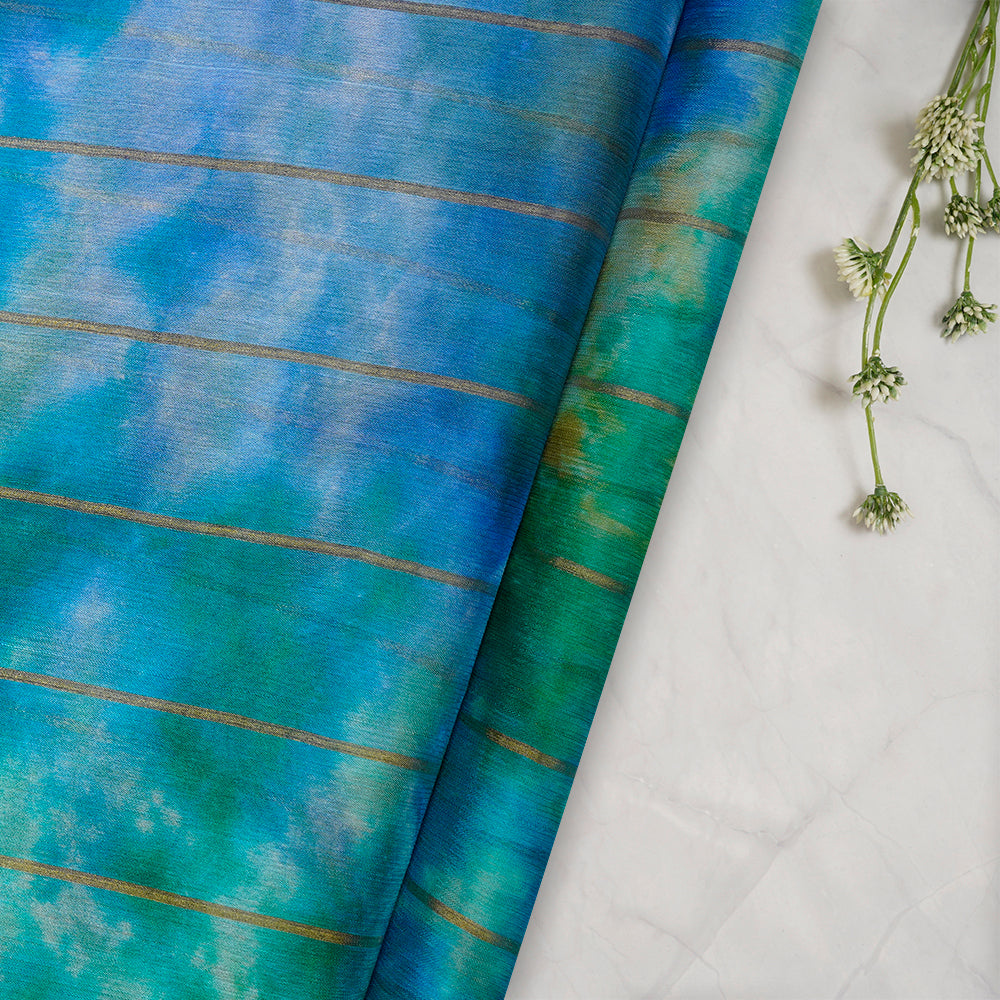 (Pre-Cut 2.50 Mtr) Blue Color Tie And Dye Printed Fancy Crepe Silk Fabric