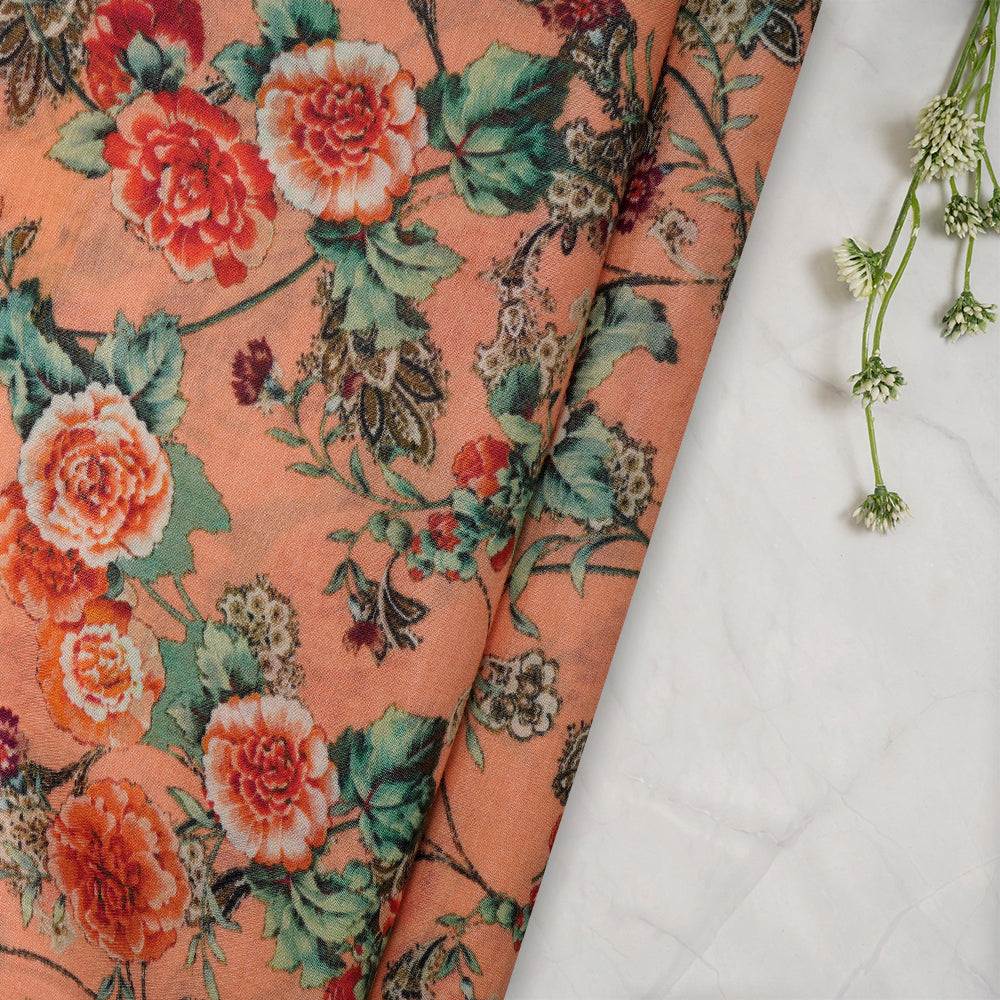 (Pre-Cut 2.45 Mtr) Peach Color Digital Printed Pure Chanderi Fabric