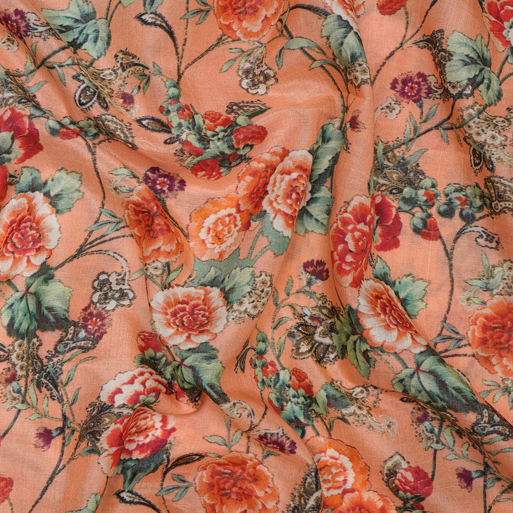 (Pre-Cut 2.45 Mtr) Peach Color Digital Printed Pure Chanderi Fabric