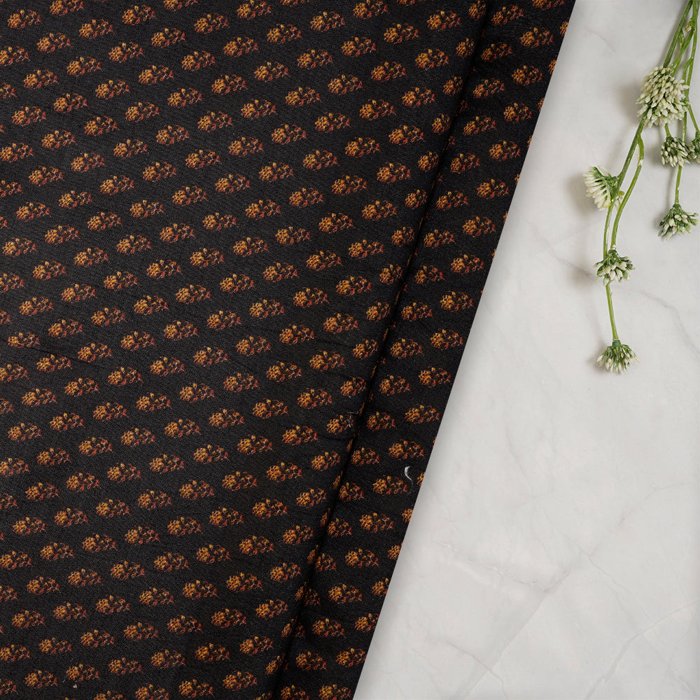 (Pre-Cut 1.35 Mtr) Black Color Digital Printed Pure Chanderi Fabric