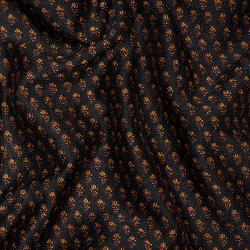 (Pre-Cut 1.35 Mtr) Black Color Digital Printed Pure Chanderi Fabric