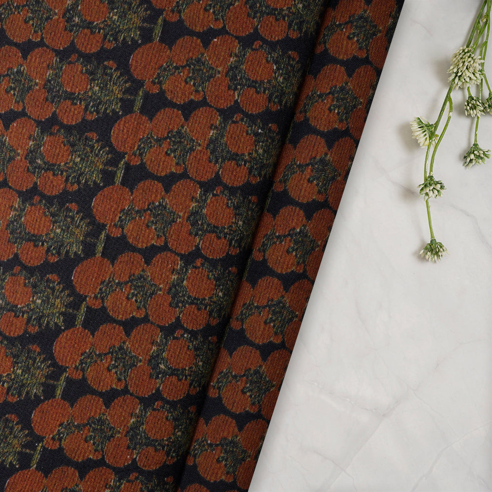 (Pre-Cut 2.30 Mtr) Black-Orange Color Digital Printed Cotton Muslin Fabric