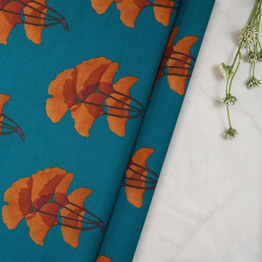 (Pre-Cut 3.10 Mtr) Blue Color Digital Printed Muslin Cotton Fabric