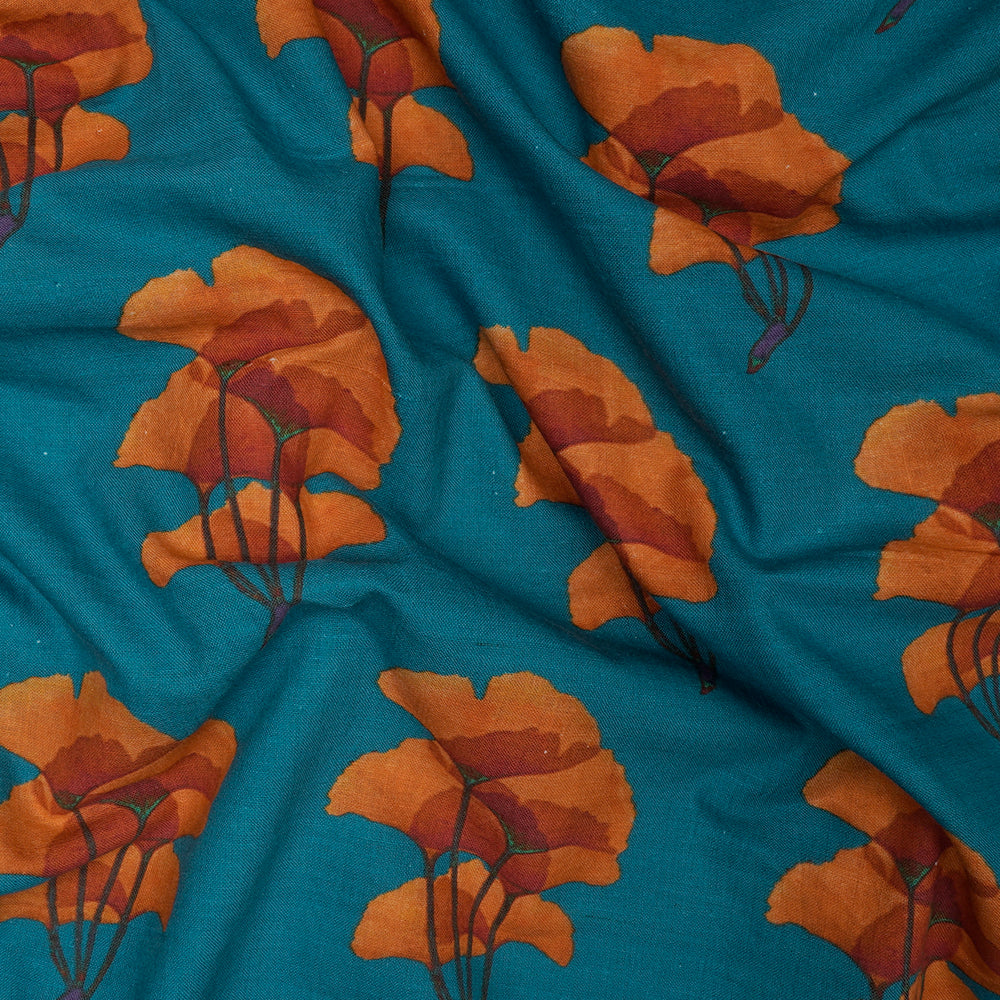 (Pre-Cut 3.10 Mtr) Blue Color Digital Printed Muslin Cotton Fabric