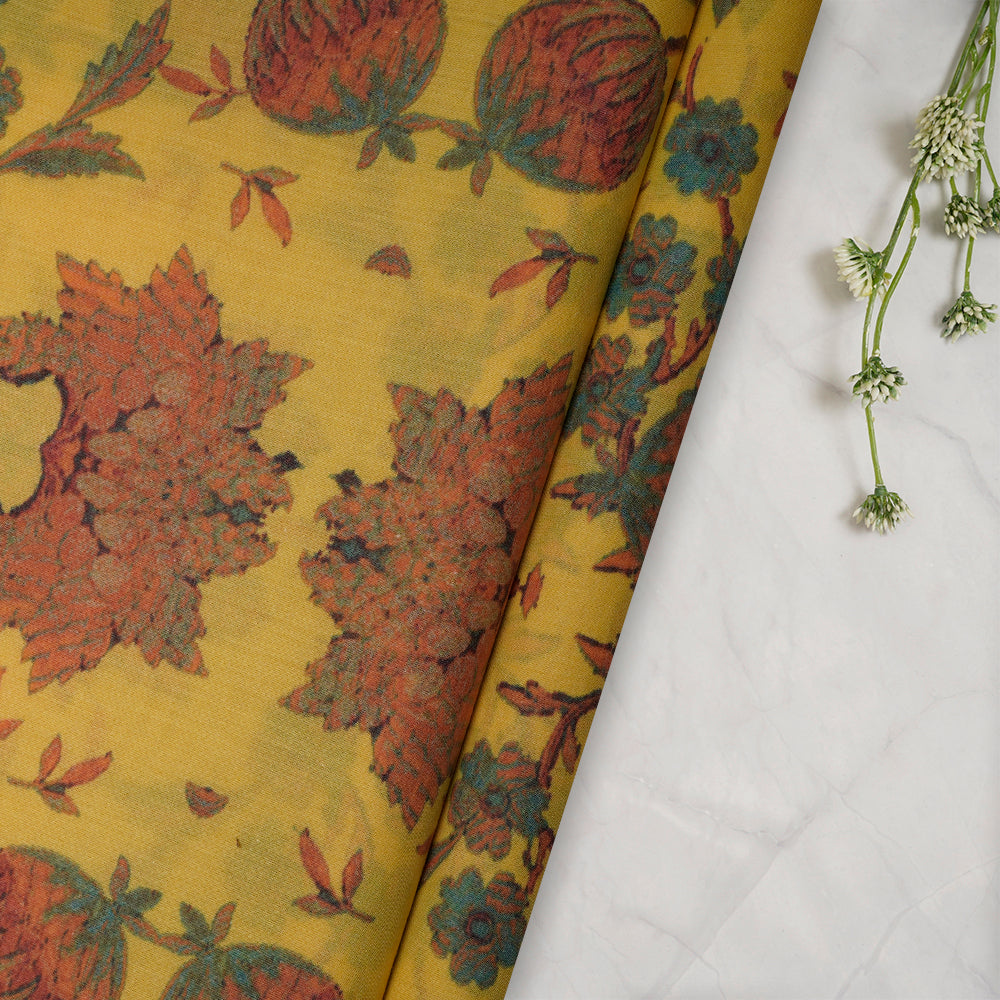 (Pre-Cut 3 Mtr) Yellow Color Digital Printed High Twisted Poly Voile Fabric