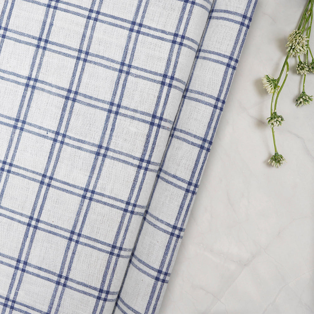 (Pre-Cut 1.25 Mtr) White-Blue Color Handloom Muslin Cotton Fabric