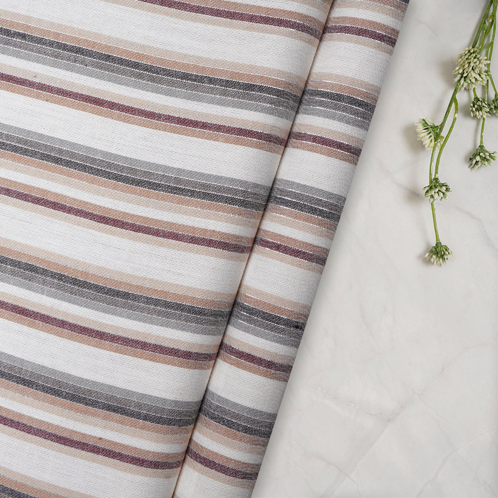 (Pre-Cut 1.40 Mtr) Off White Color Striped Cotton Fabric