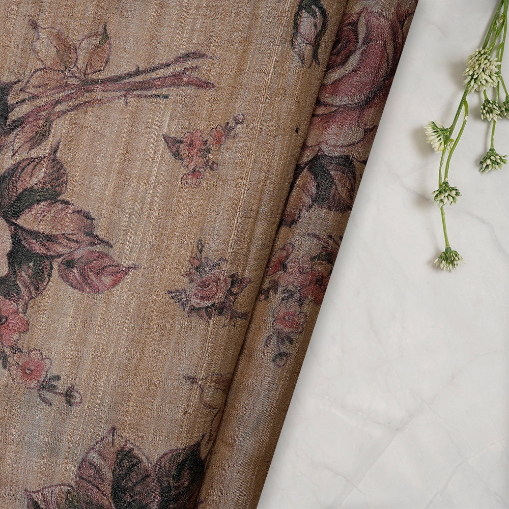 (Pre-Cut 1.65 Mtr) Beige Color Digital Printed Tussar Silk Fabric