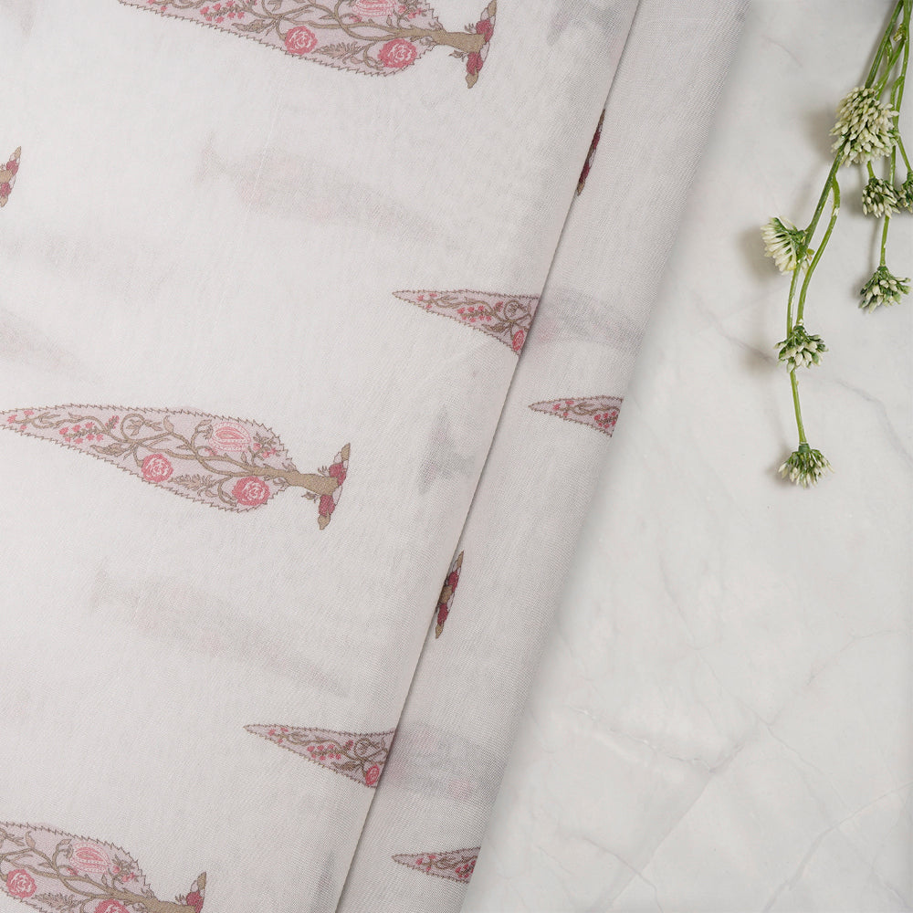 (Pre-Cut 3.25 Mtr) White Color Digital Printed Bemberg Modal Fabric