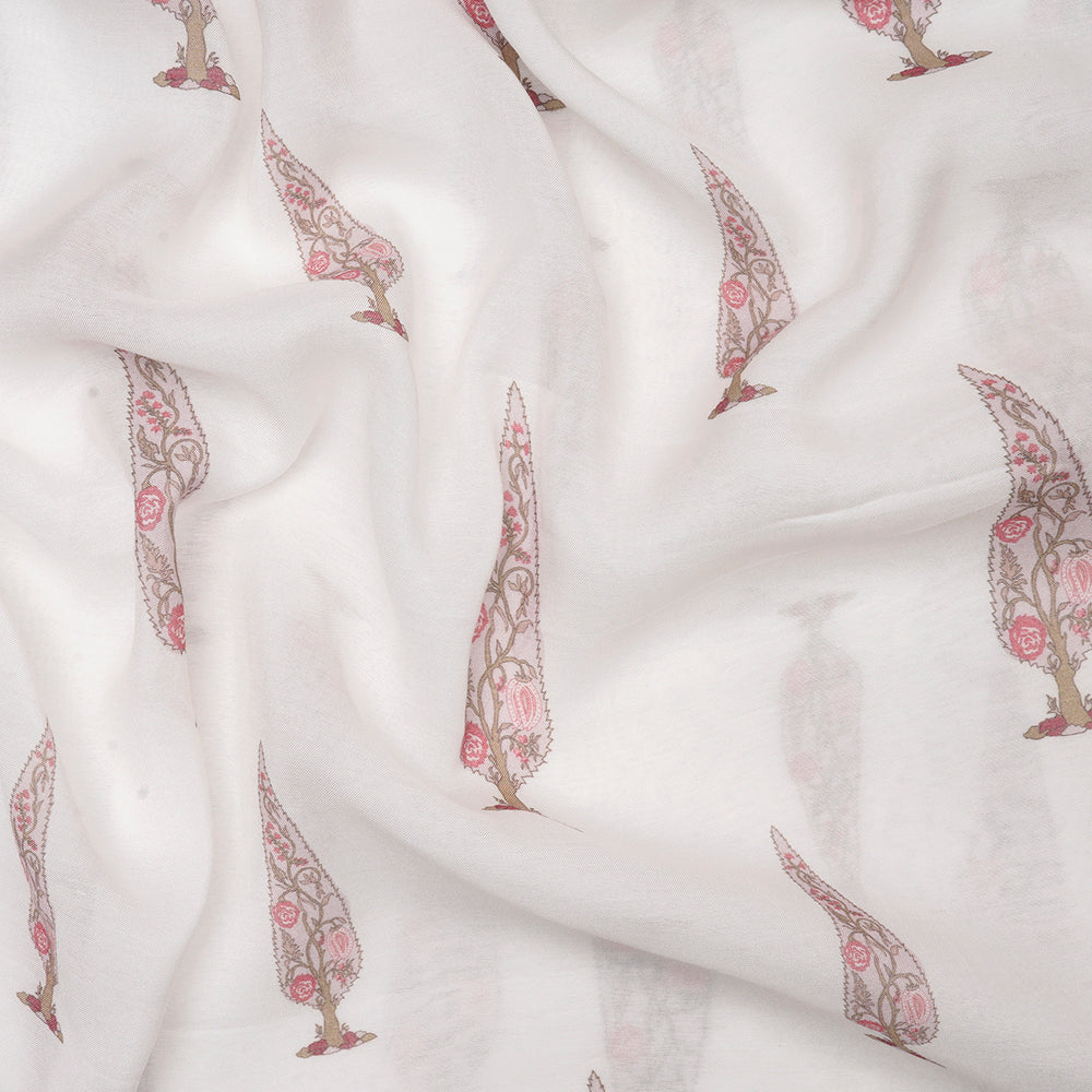 (Pre-Cut 3.25 Mtr) White Color Digital Printed Bemberg Modal Fabric