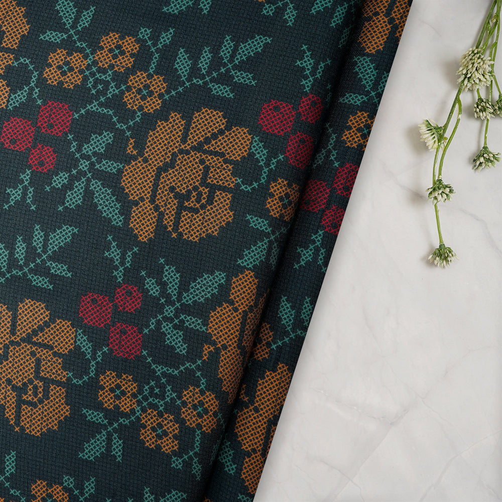 (Pre-Cut 2.45 Mtr) Dark Teal Color Digital Printed Viscose Modal Fabric