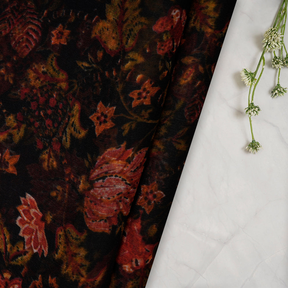 (Pre-Cut 4.50 Mtr) Black Color Digital Printed Chiffon Silk Fabric