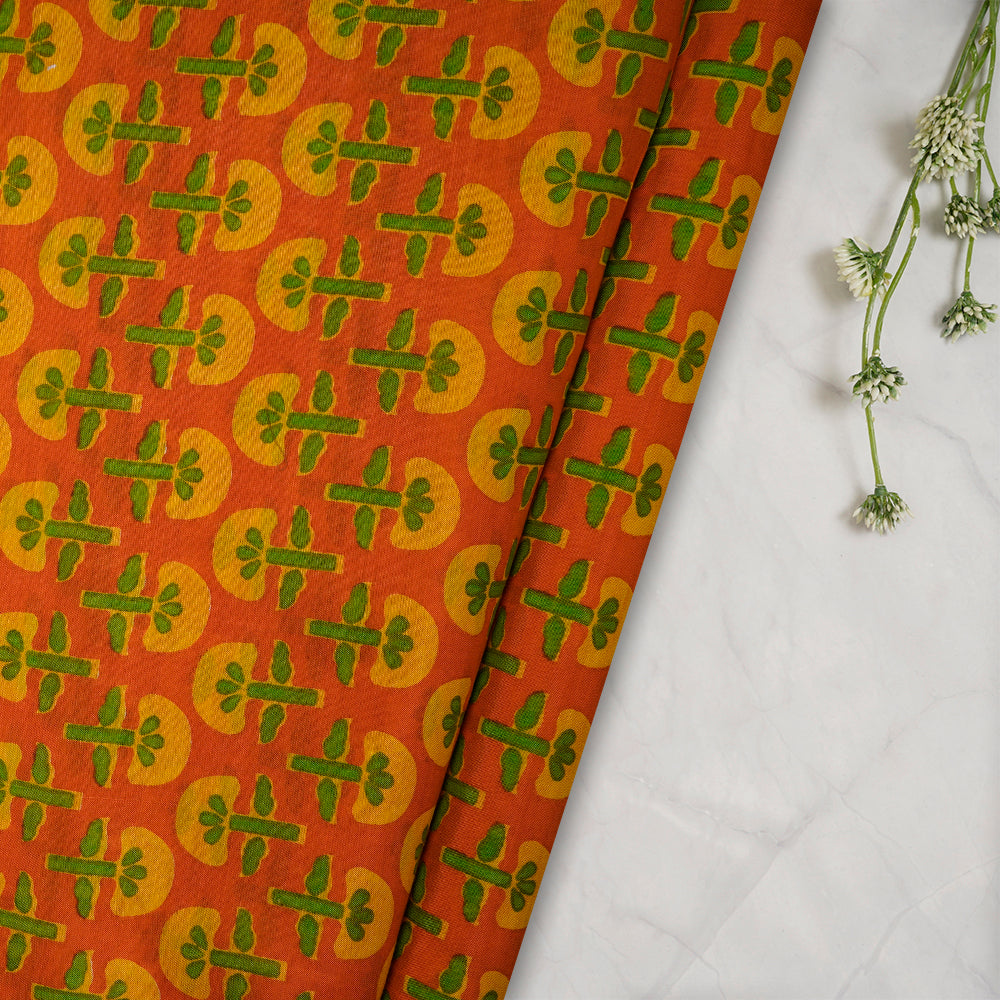 (Pre-Cut 2.25 Mtr) Orange-Yellow Color Printed Bemberg Modal Fabric