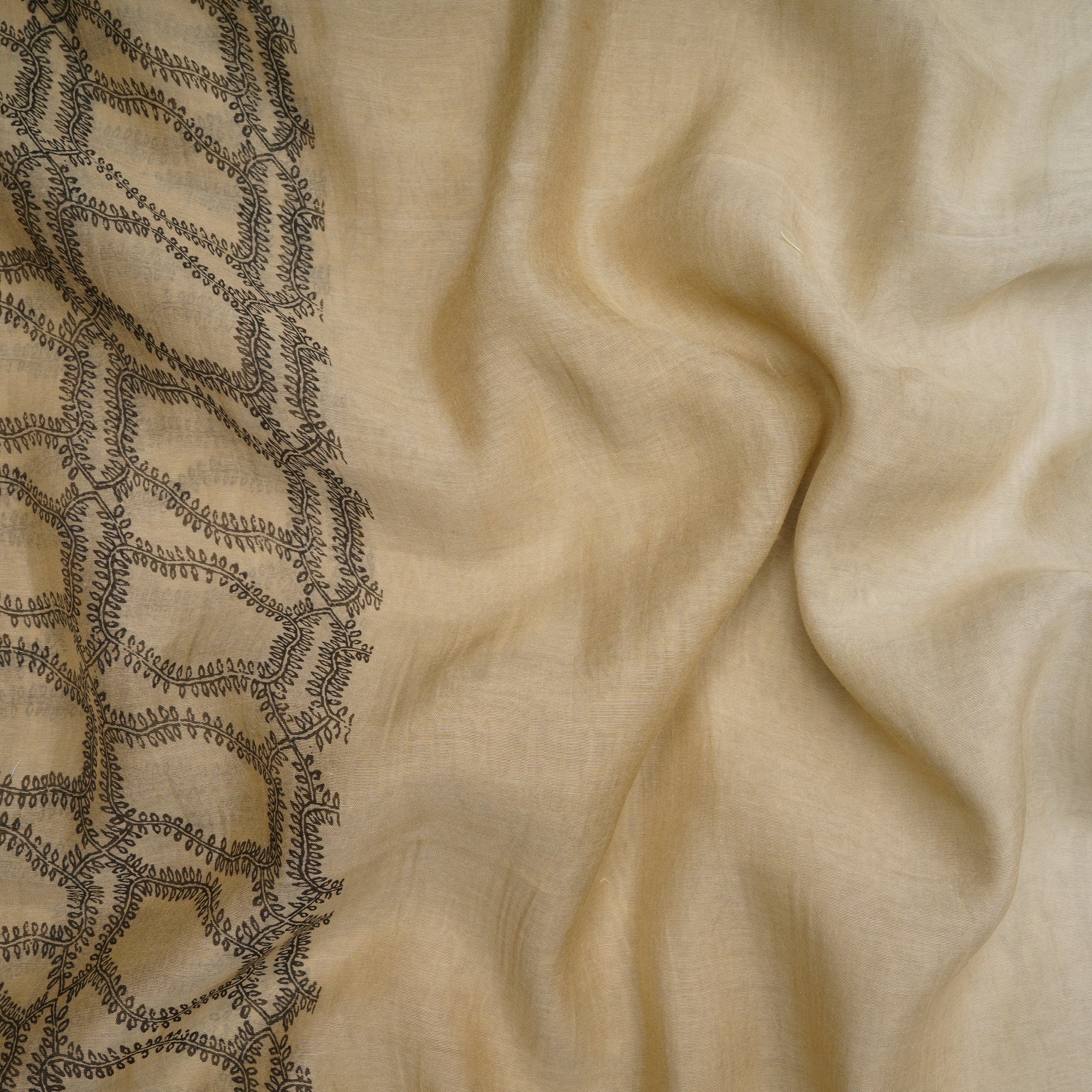 (Pre Cut 1.60 Mtr )Beige-Black Color Printed Chanderi Fabric