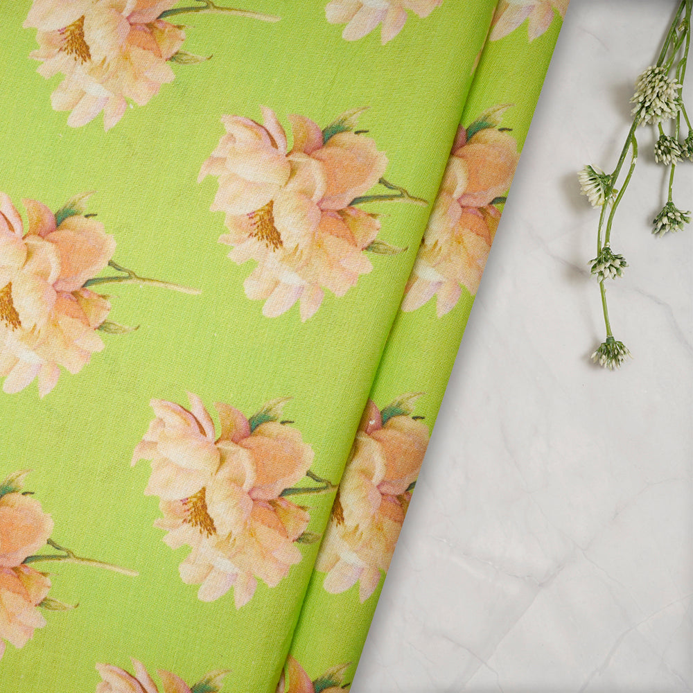 (Pre-Cut 2.45 Mtr) Neon Green Color Digital Printed Muslin Cotton Fabric