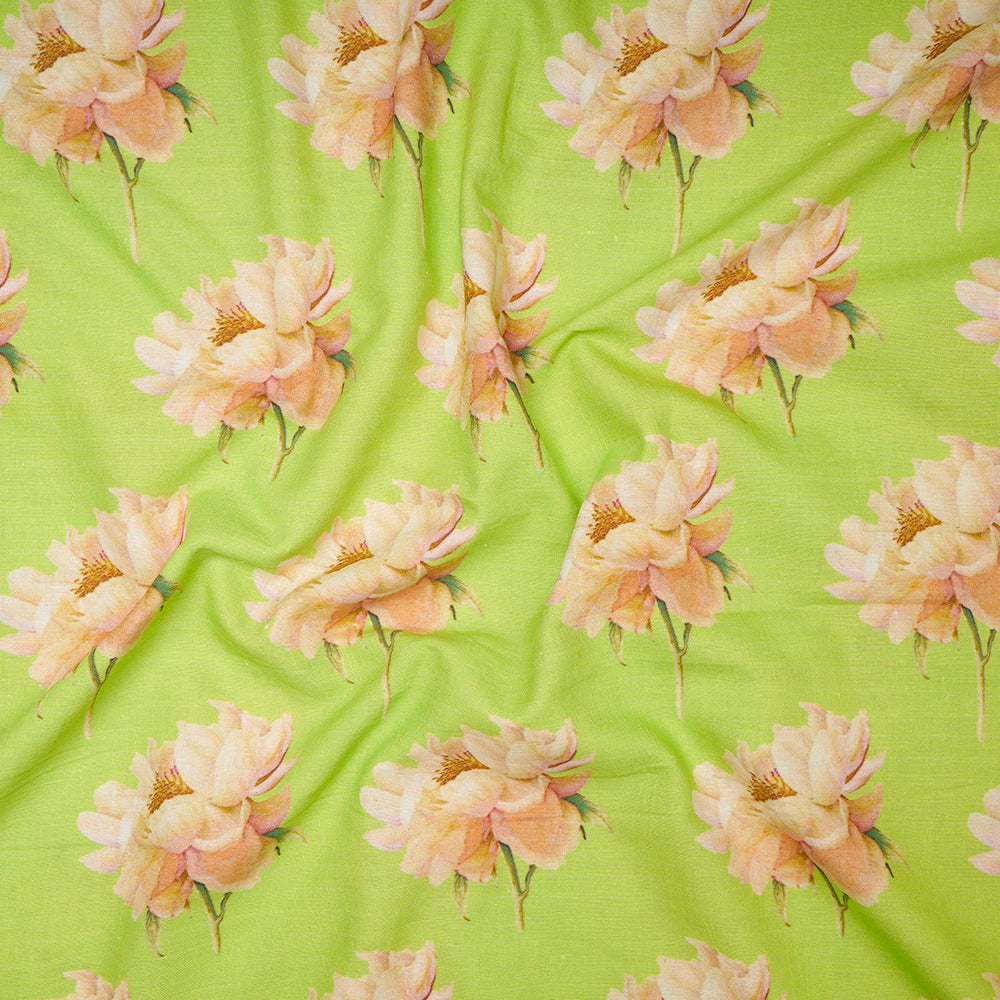 (Pre-Cut 2.45 Mtr) Neon Green Color Digital Printed Muslin Cotton Fabric