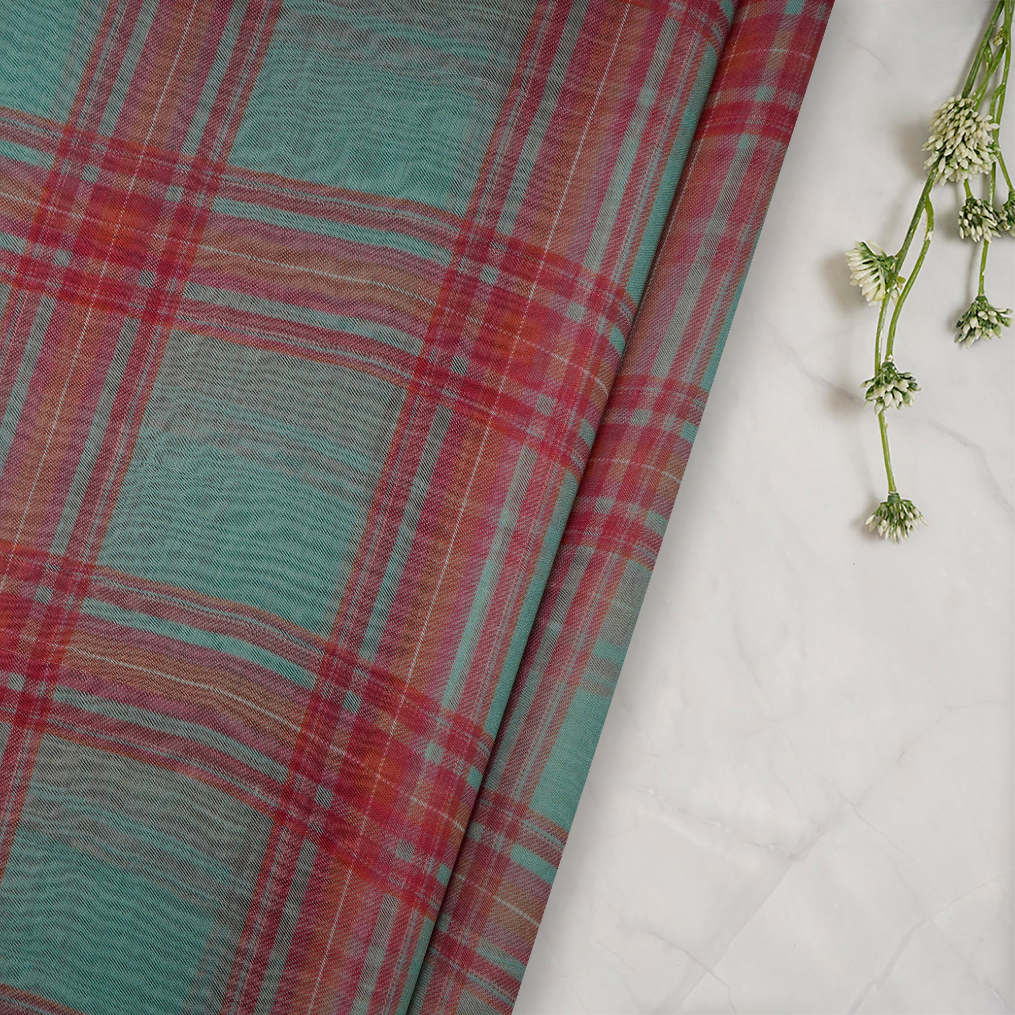 (Pre-Cut 4.85 Mtr) Turquoise Digital Printed Chanderi Fabric