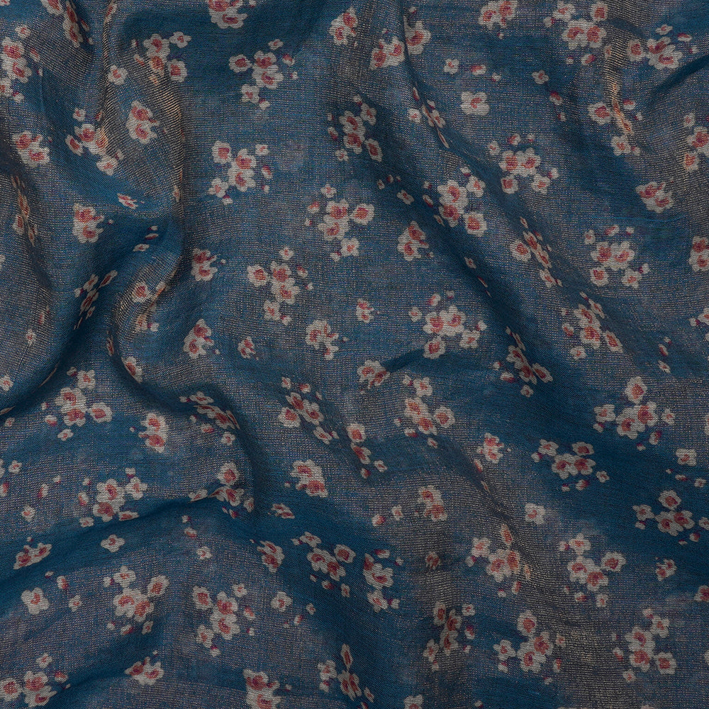 (Pre-Cut 4.00 Mtr) Blue Floral Pattern Digital Printed Tissue Chanderi Fabric