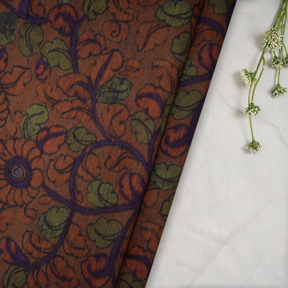 (Pre-Cut 3.10 Mtr) Brown Color Digital Printed Muga Silk Fabric