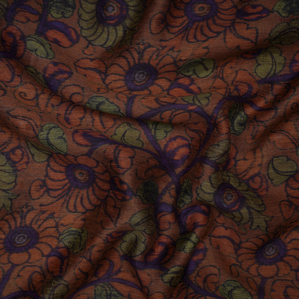 (Pre-Cut 3.10 Mtr) Brown Color Digital Printed Muga Silk Fabric