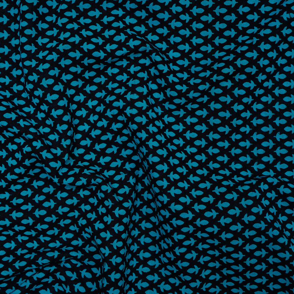 (Pre-Cut 2.50 Mtr) Blue-Black Floral Pattern Digital Printed Voile Fabric