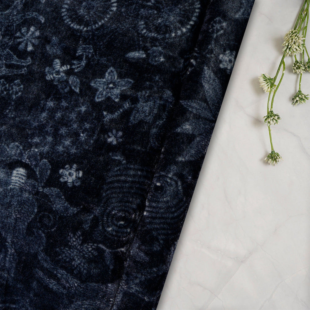 (Pre-Cut 1.10 Mtr) Navy Color Digital Printed Velvet Fabric