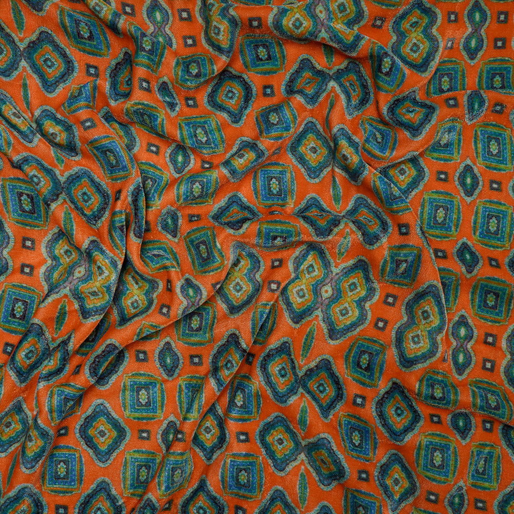 (Pre-Cut 2.00 Mtr) Orange Color Digital Printed Velvet Fabric