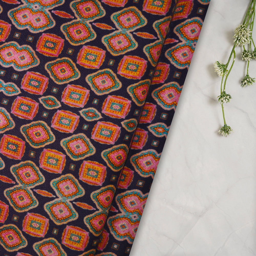 (Pre-Cut 2.00 Mtr) Navy Color Digital Printed Velvet Fabric