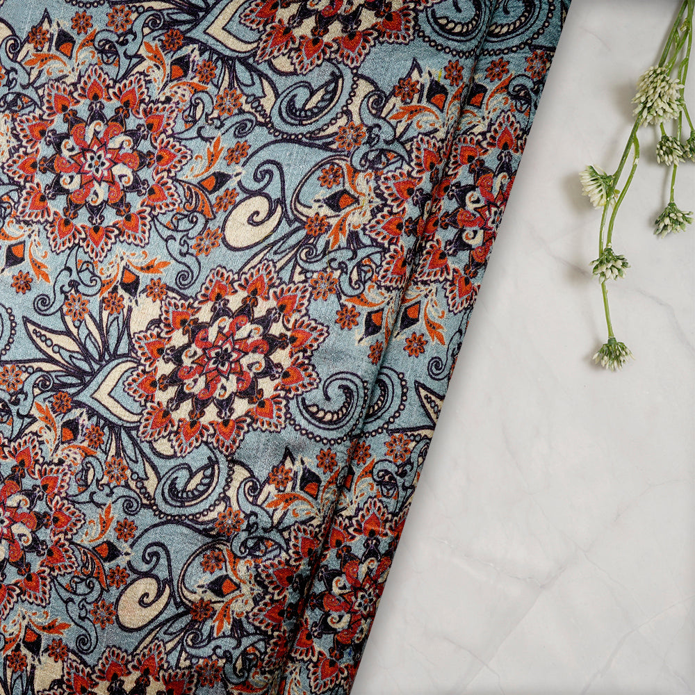 (Pre-Cut 3.25 Mtr) Multi Color Digital Printed Dupion Silk Fabric