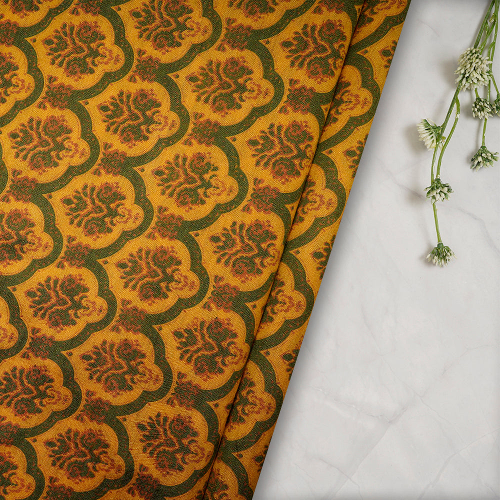 (Pre-Cut 4.20 Mtr) Yellow Color Printed Silk Fabric