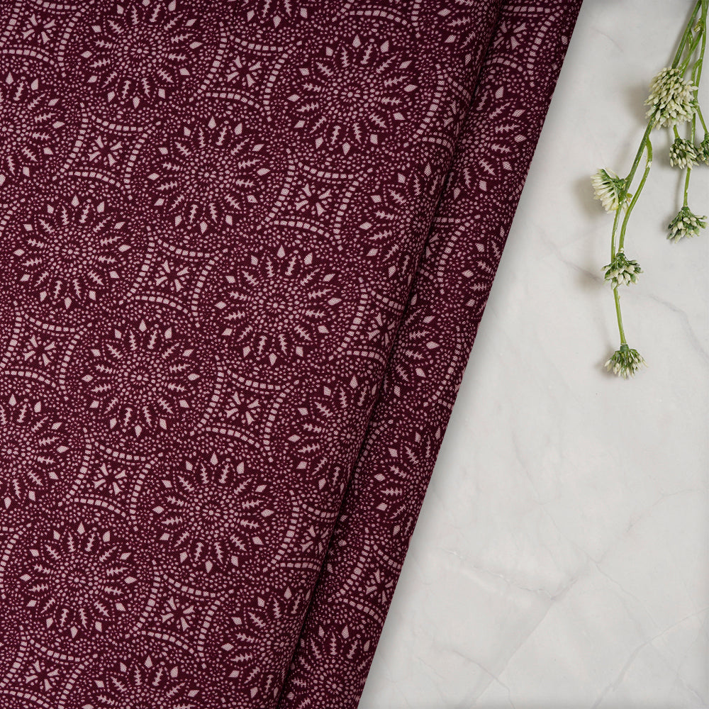(Pre-Cut 2.45 Mtr) Maroon Color Printed Rayon Fabric