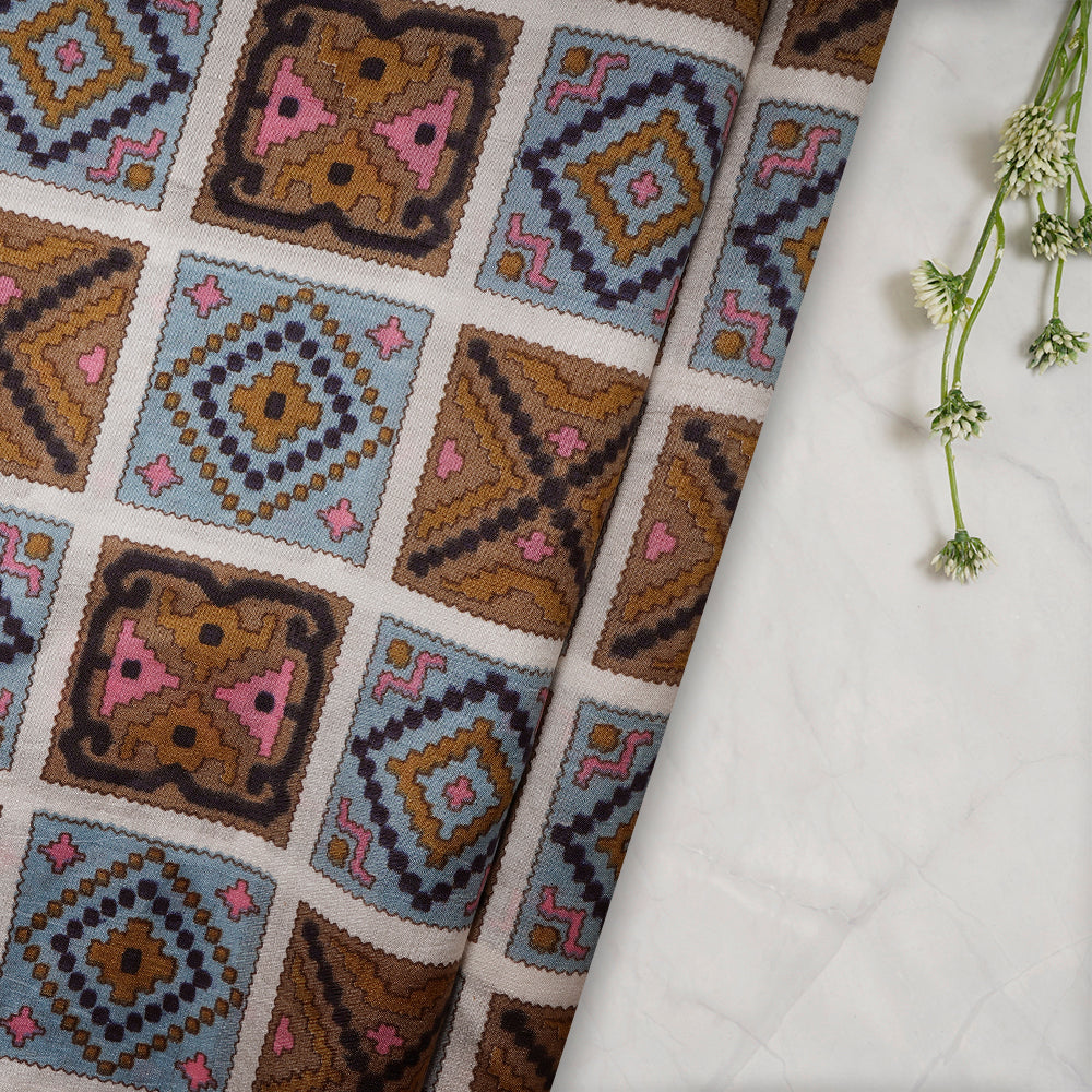 (Pre-Cut 3.55 Mtr) Multi Color Printed Dupion Silk Fabric