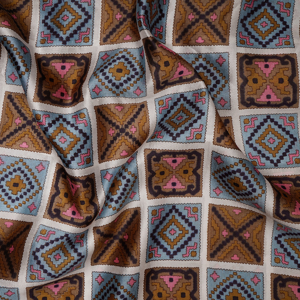 (Pre-Cut 3.55 Mtr) Multi Color Printed Dupion Silk Fabric