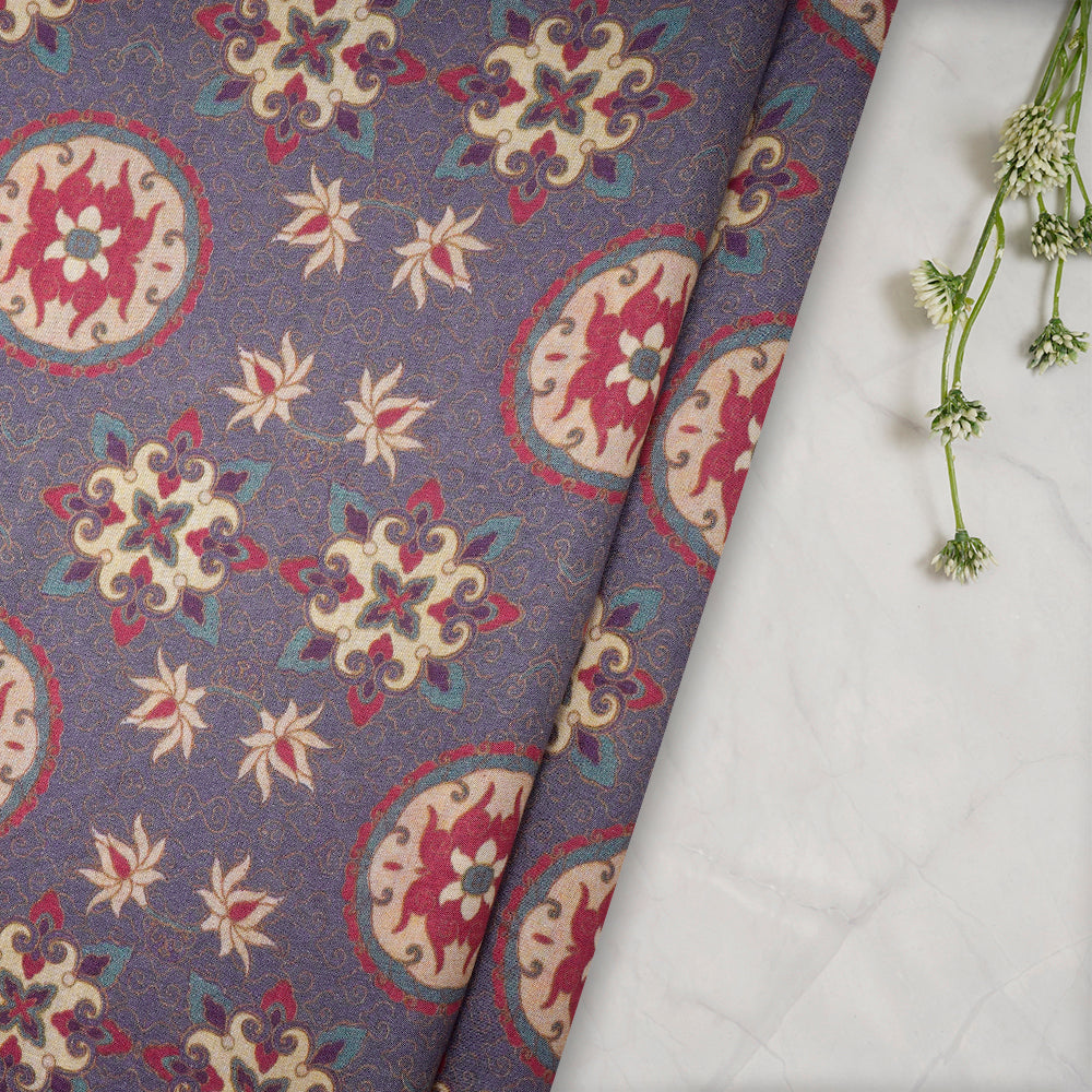 (Pre-Cut 2.35 Mtr) Purple Color Digital Printed Silk Fabric