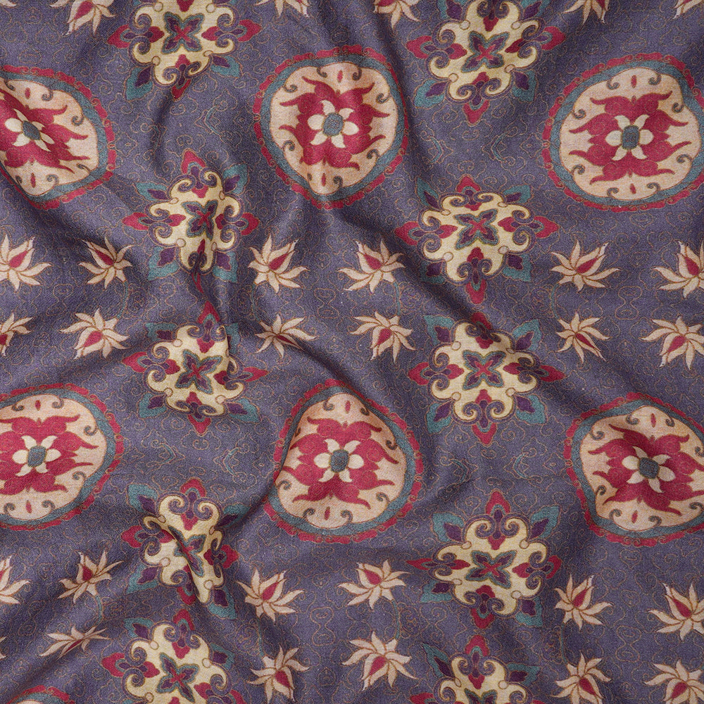 (Pre-Cut 2.35 Mtr) Purple Color Digital Printed Silk Fabric