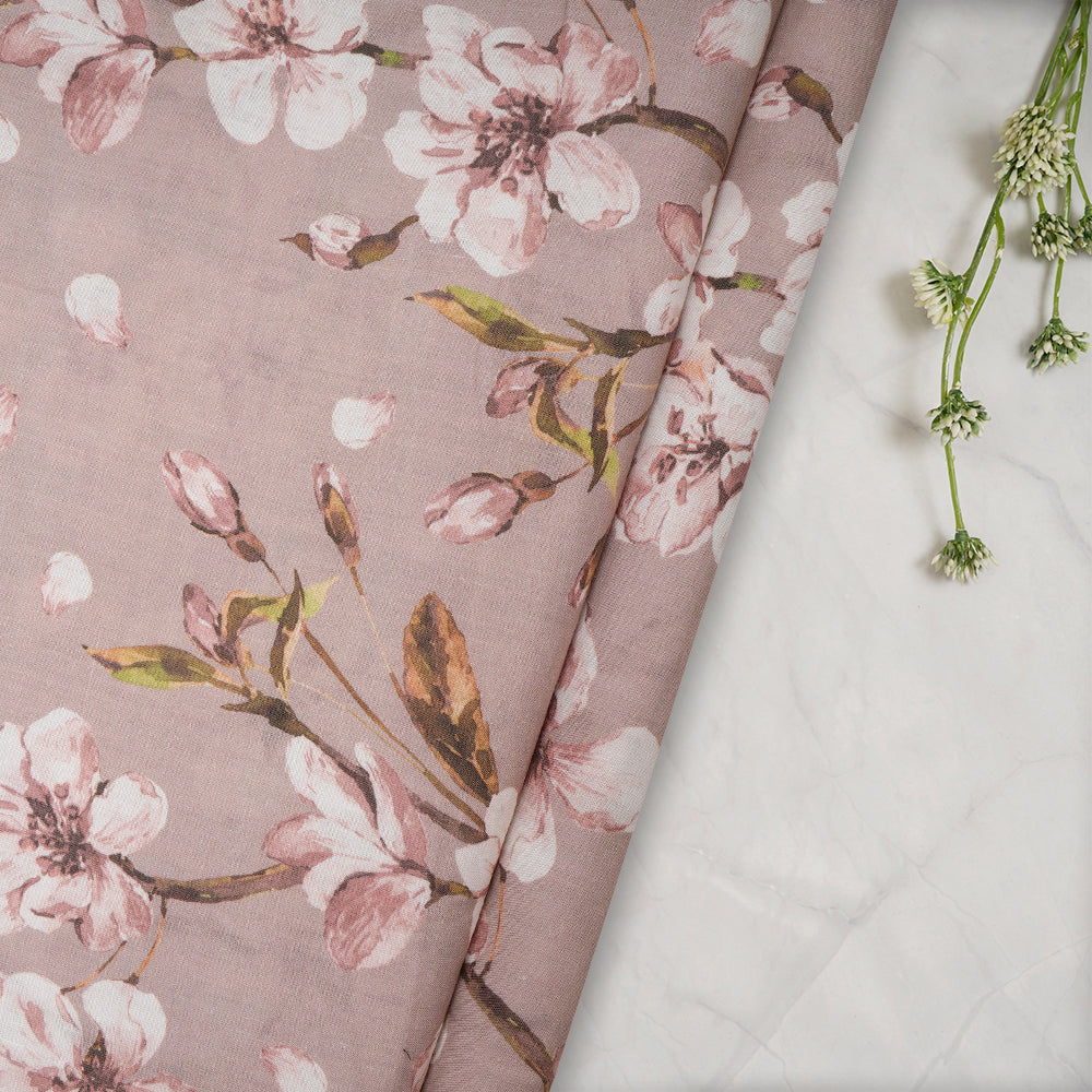 (Pre-Cut 2.40 Mtr) Beige Color Digital Printed Ramie Tencel Fabric