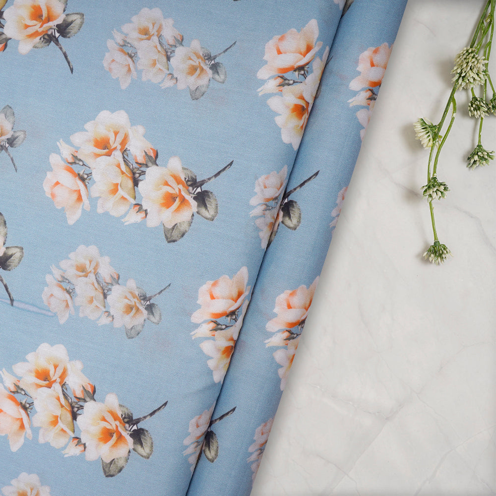 (Pre-Cut 2.60 Mtr) Ice Blue Color Printed Cotton Fabric