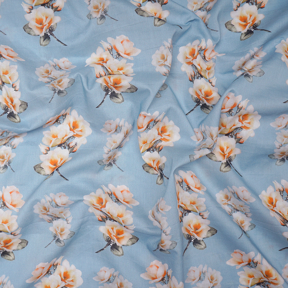 (Pre-Cut 2.60 Mtr) Ice Blue Color Printed Cotton Fabric