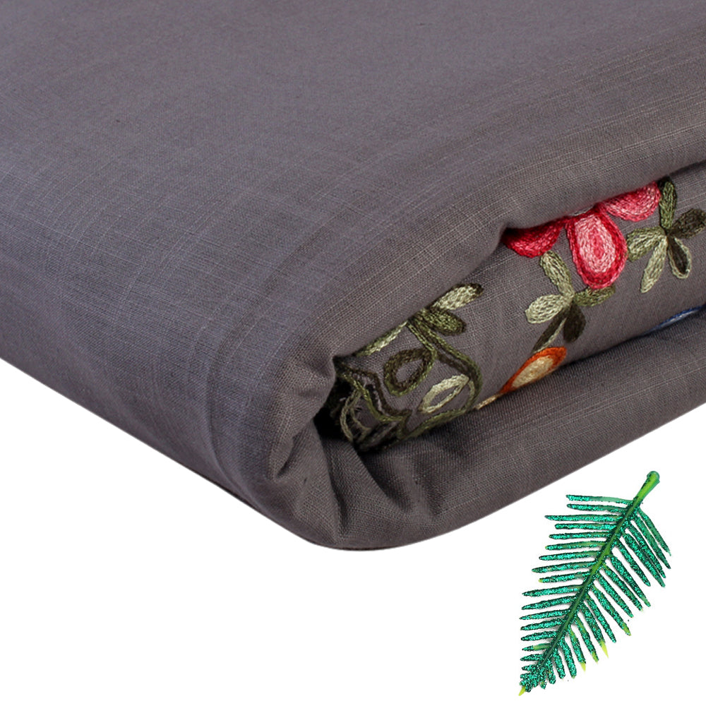 (Pre-Cut 2.50 Mtr ) Grey Color Embroidered Cotton Fabric