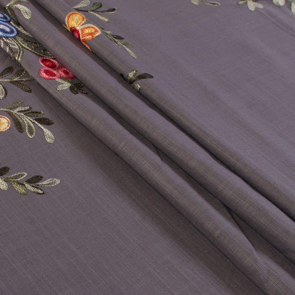 (Pre-Cut 2.50 Mtr ) Grey Color Embroidered Cotton Fabric