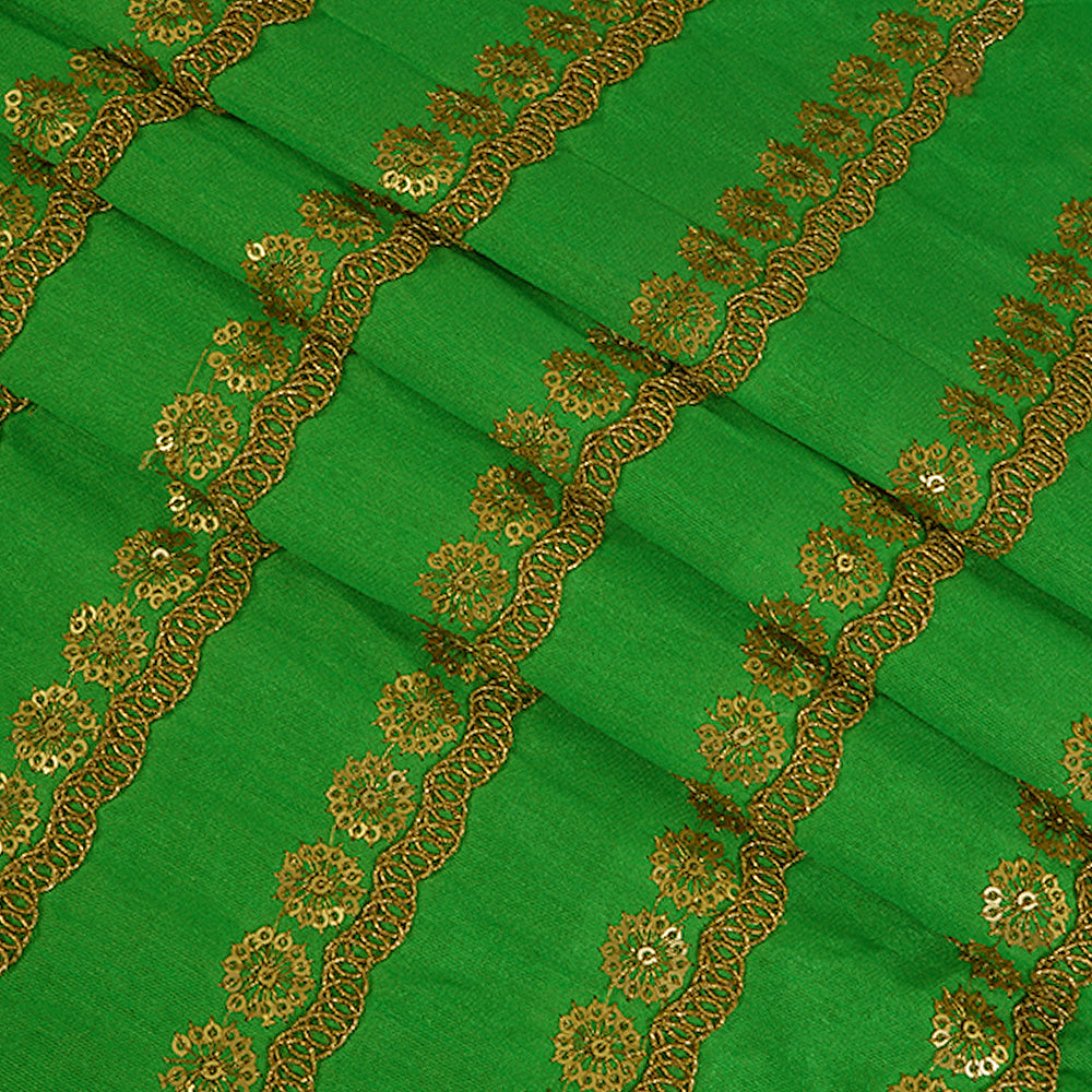 (Pre-Cut 2 Mtr) Green Color Embroidered Silk Fabric