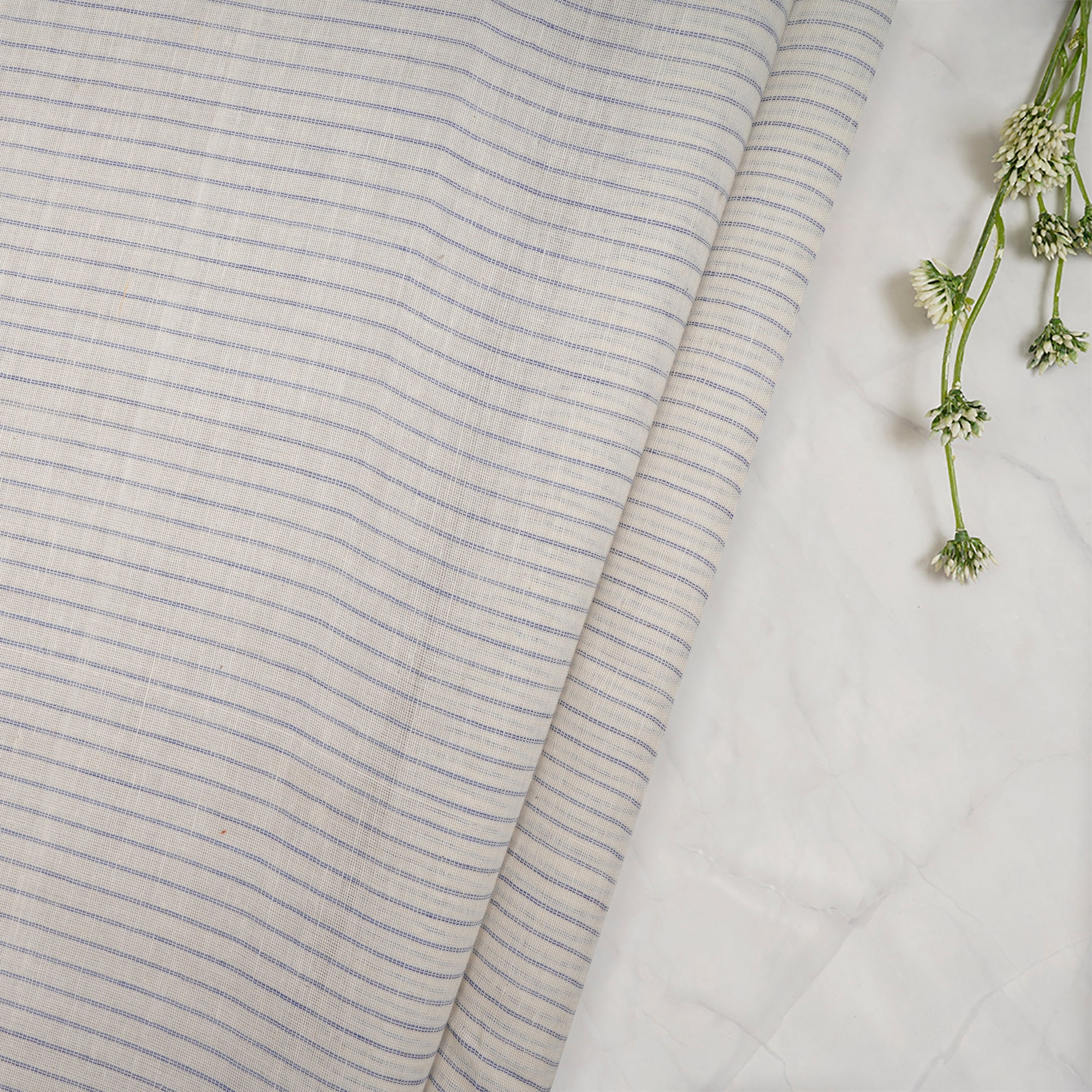 (Pre-Cut 0.85 Mtr) White-Blue Yarn Dyed Cotton Muslin Fabric